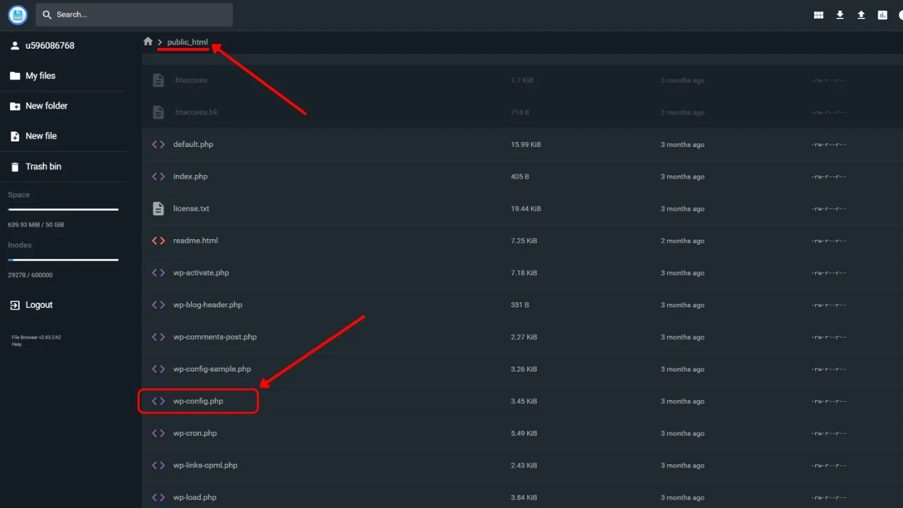 File manager screenshot highlighting the wp-config.php file location inside the public_html folder.