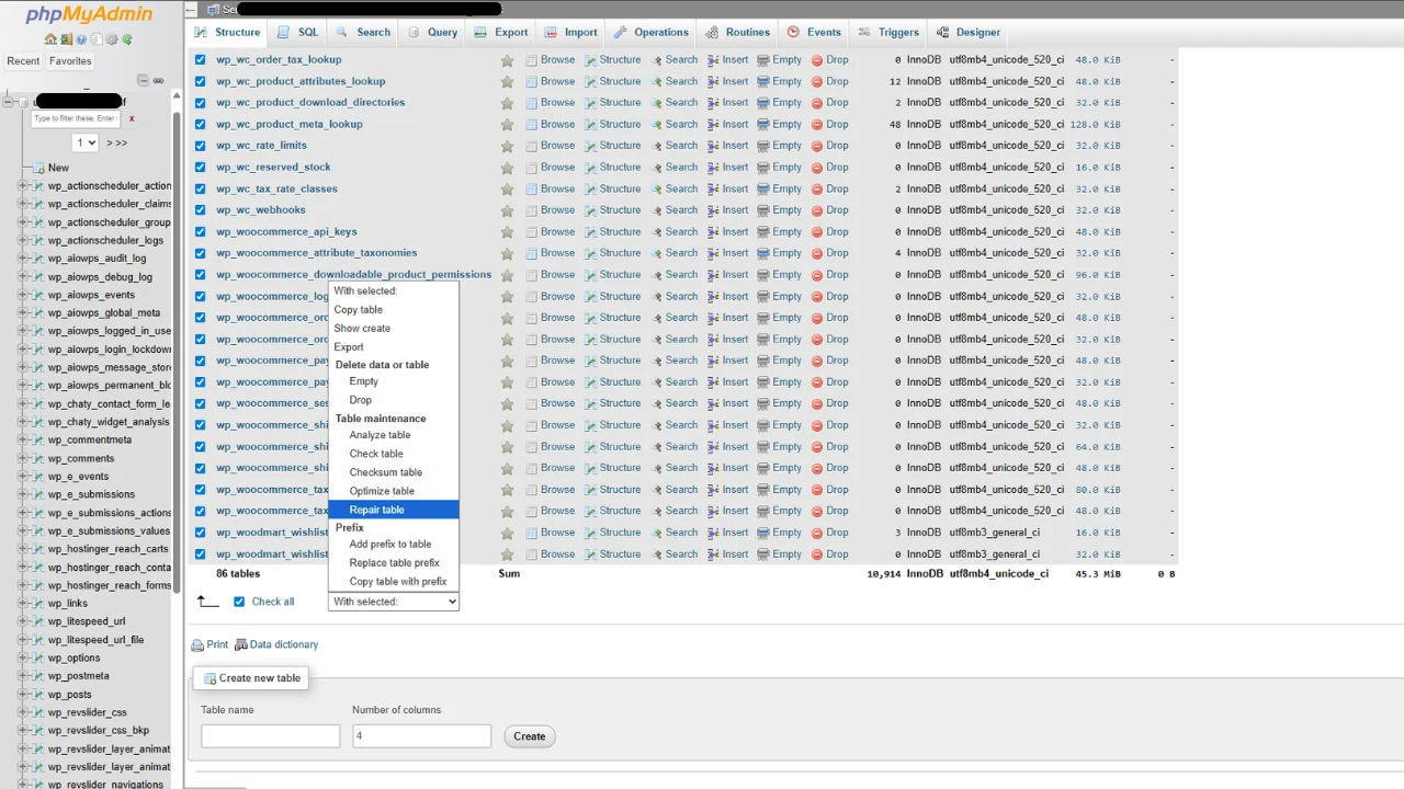 Screenshot of phpMyAdmin showing the "Repair table" option selected in the database maintenance dropdown menu.