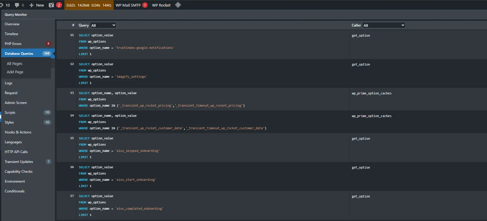 WordPress Query Monitor plugin interface displaying a detailed list of database queries executed on the wp_options table.