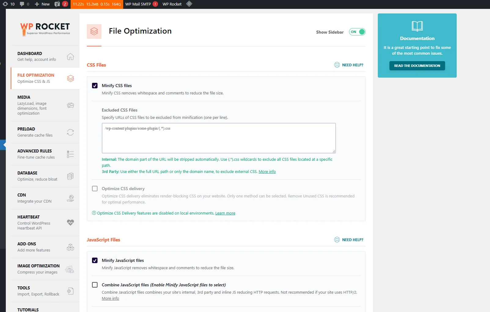 WP Rocket file optimization panel showing settings to minify CSS and JavaScript files.