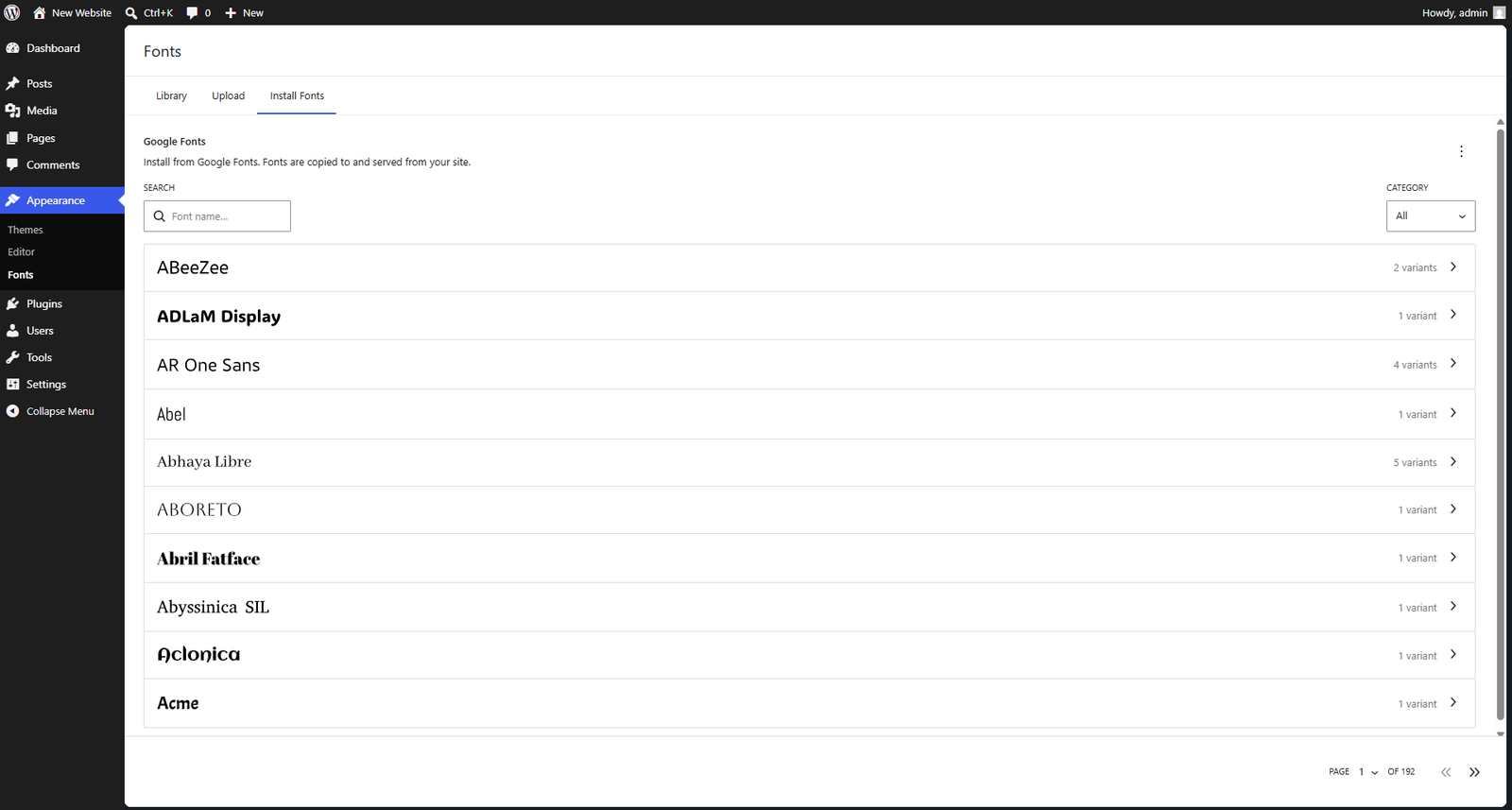 WordPress dashboard showing the font management screen with options to search and install Google Fonts.
