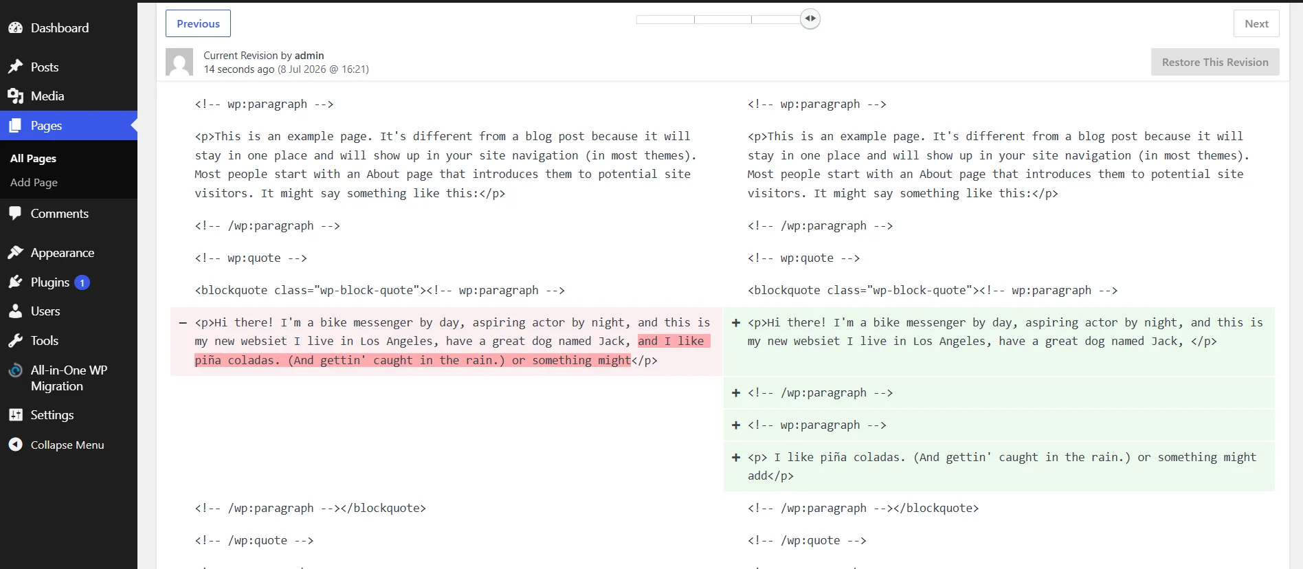 The WordPress revisions screen showing a side-by-side split comparison of page code, with deletions highlighted in red on the left and additions highlighted in green on the right.