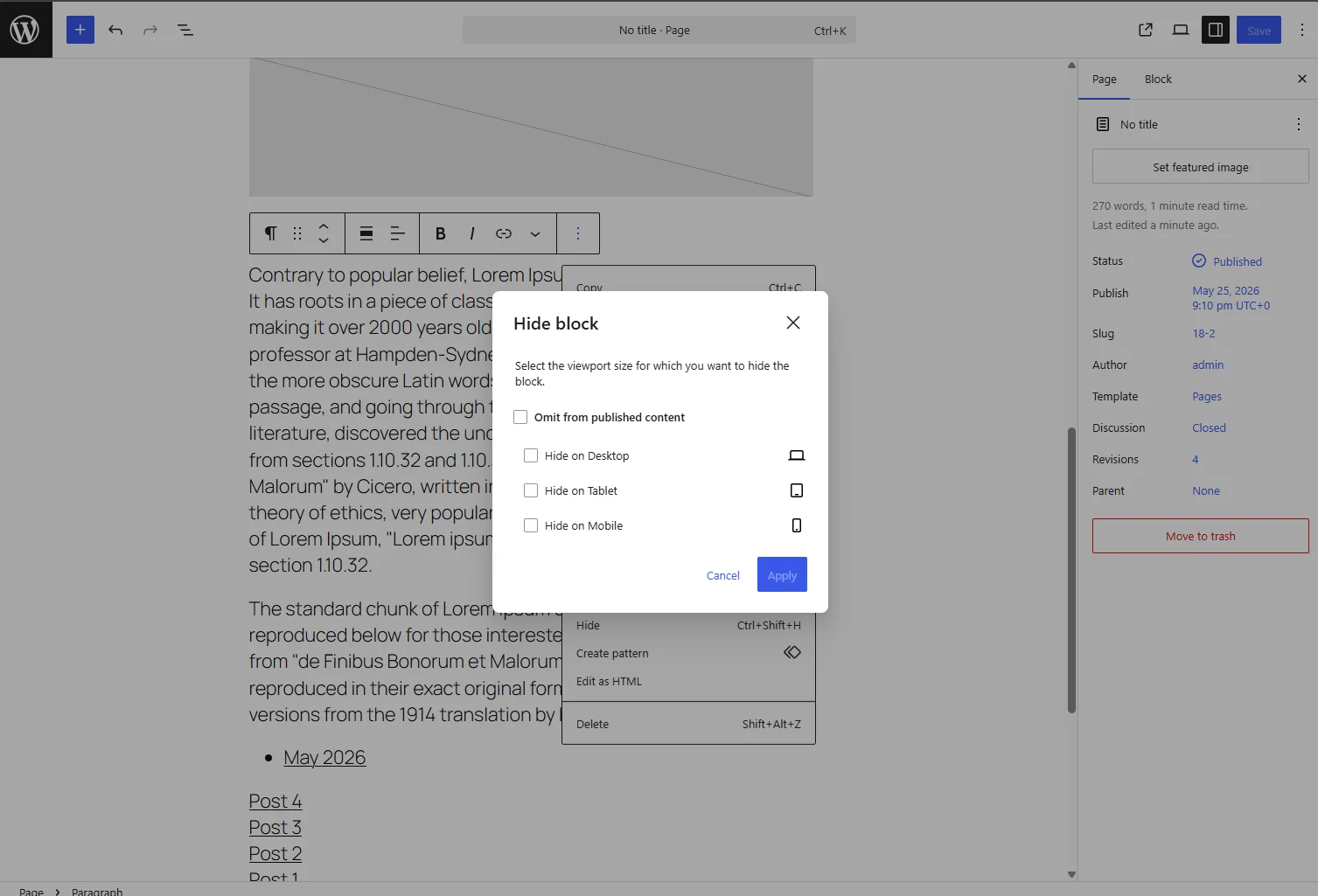 A "Hide block" popup menu in the WordPress editor showing responsive visibility settings to hide content on desktop, tablet, or mobile viewports.