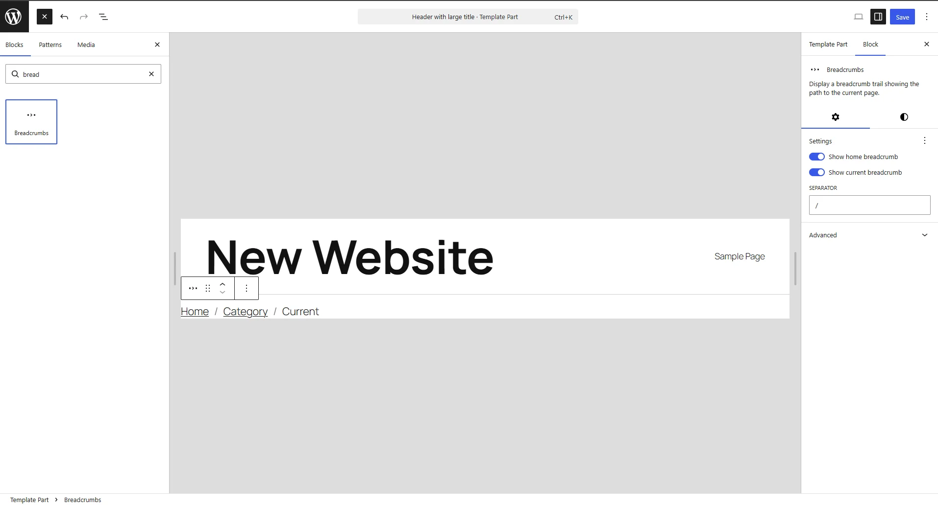 The WordPress template editor showing the Breadcrumbs block added to a website header with settings open in the sidebar.