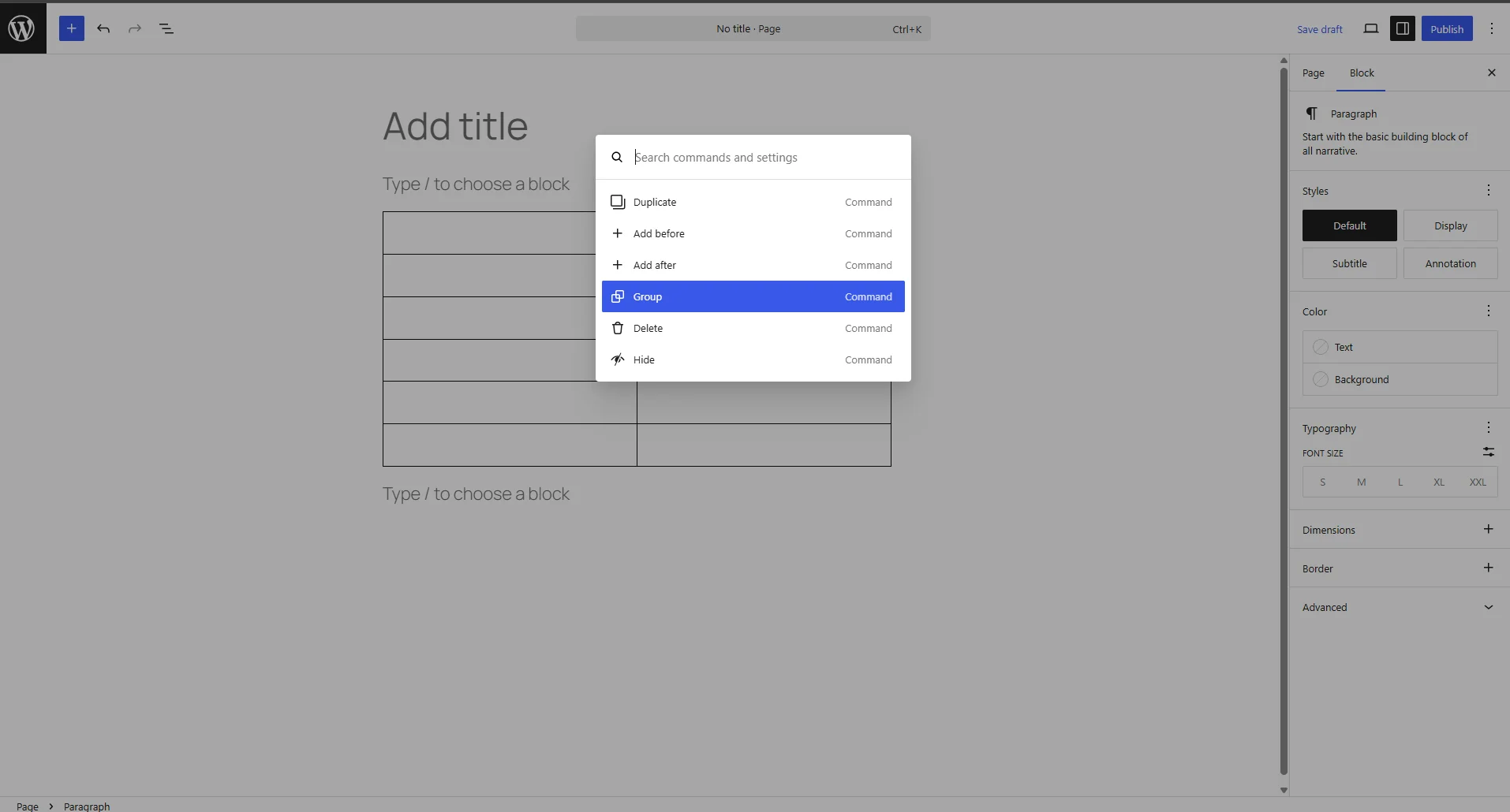 The WordPress editor block interface showing an open Command Palette menu with options like Duplicate, Add before, Add after, and Group.