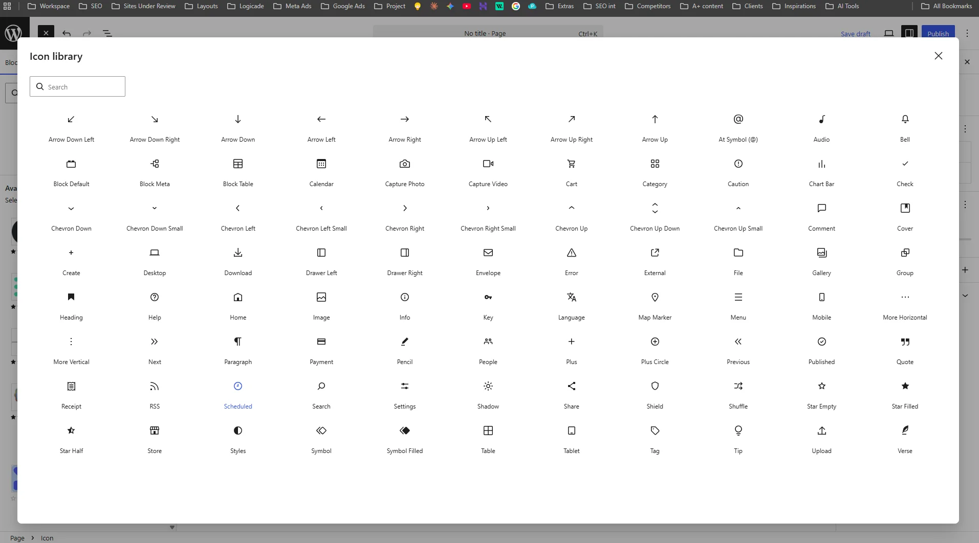 A popup window in the WordPress block editor displaying the native Icon Library with various UI icons like arrows, calendar, and cart.