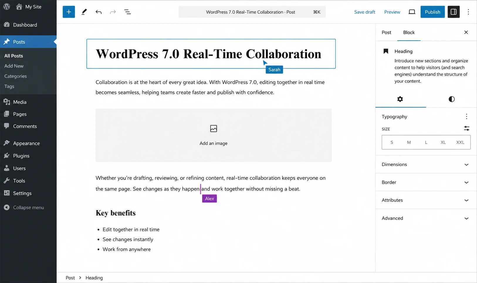 The WordPress editor showing live multiplayer editing with two active user cursors, labeled Sarah and Alex, updating a blog post simultaneously.