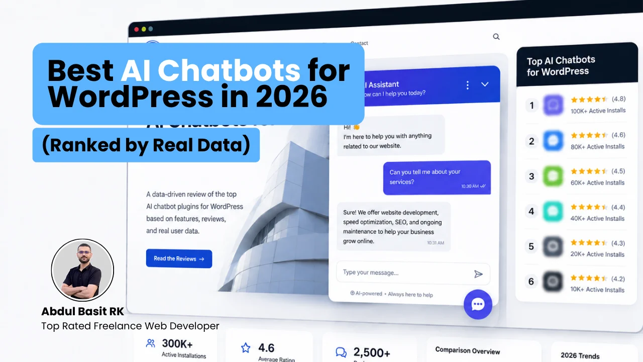 Best AI Chatbots for WordPress in 2026 featured image displaying a chatbot chat interface and plugin rankings.