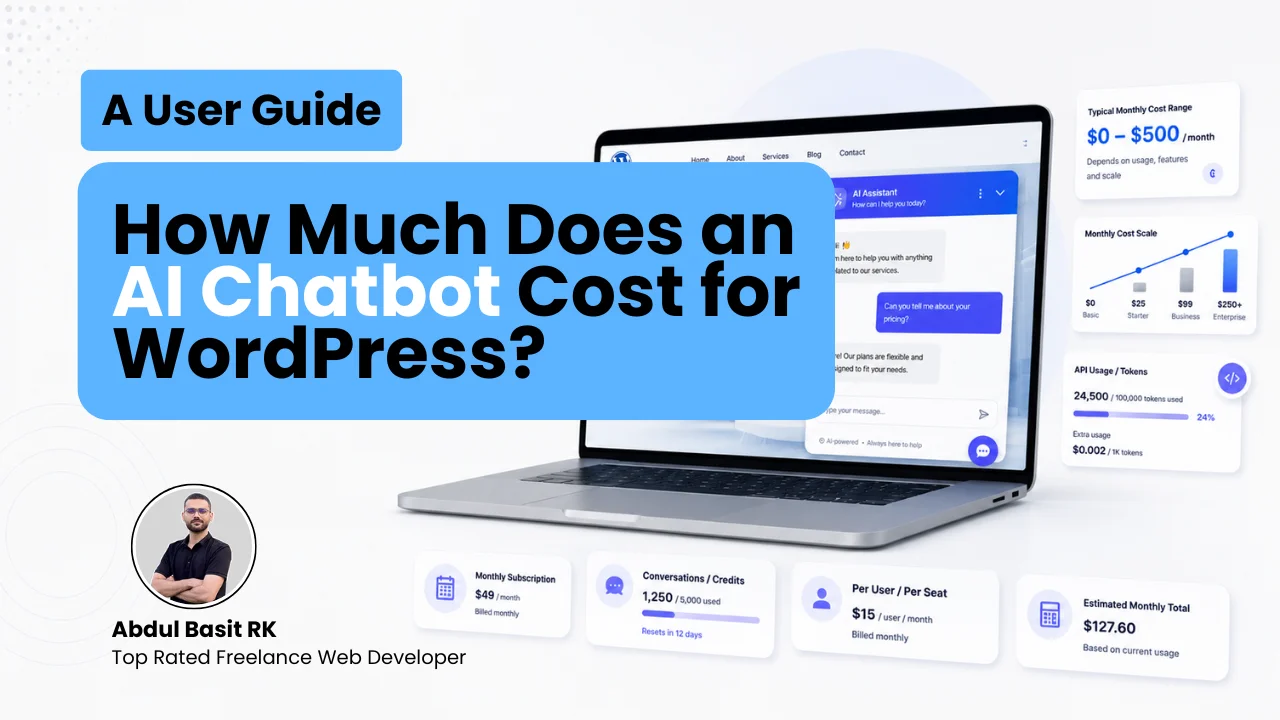 Featured image for a WordPress AI chatbot pricing guide showing a laptop with a chat interface and pricing metrics.