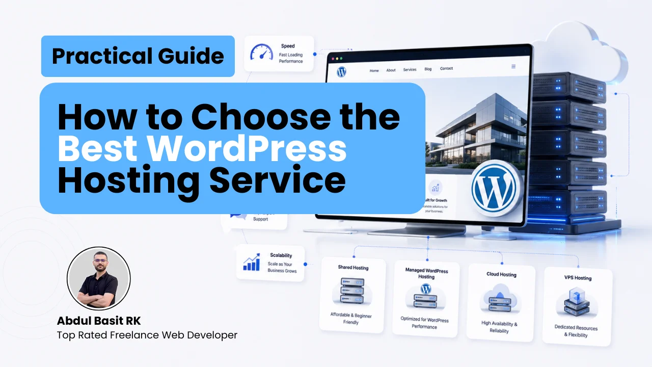 Featured image for a WordPress hosting guide displaying a desktop monitor with a website preview, server stacks, and hosting types.