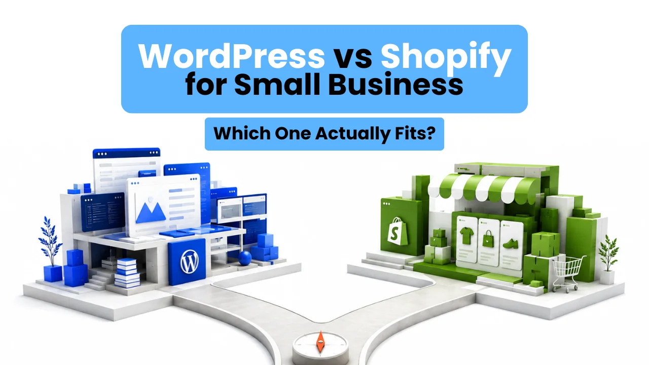 Featured image comparing WordPress and Shopify for small business at a fork in the road with platform icons
