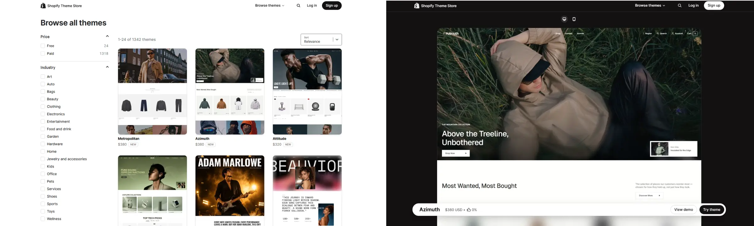 Screenshot of the Shopify Theme Store “Try theme” button